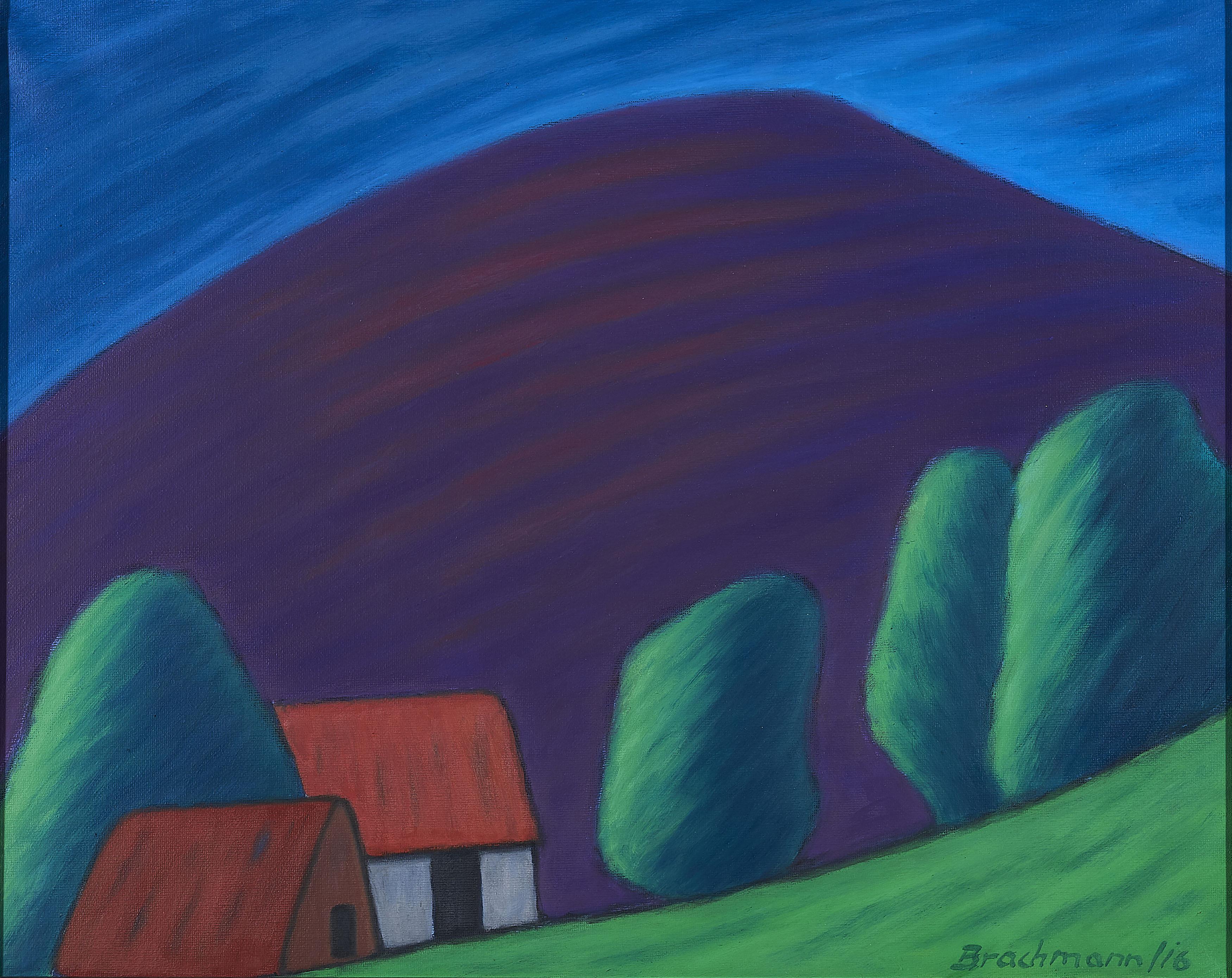 Monika Brachmann - Landschaft mit großem dunklen Hügel.