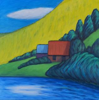 Monika Brachmann - Zwei Häuser am See mit gelbem Hang.
