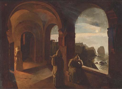Monks in a Capucine monastery by moonlight