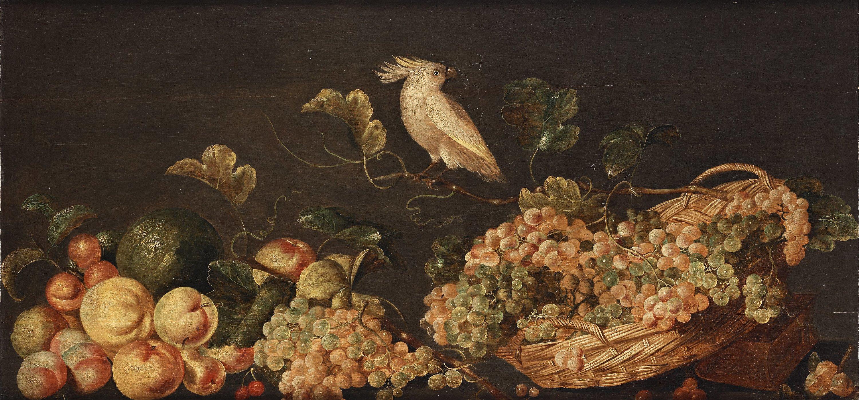 Monogramisten C. DH - Still life with fruits and a white parrot.