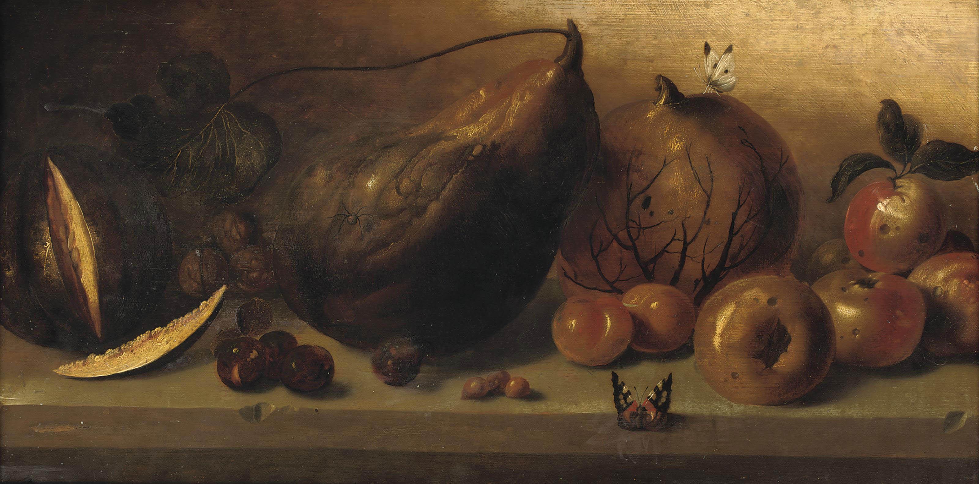 Monogrammist C.Dh. - A sliced melon, a pear, a pumpkin, walnuts, apples and abricots, all on a stone ledge with butterflies