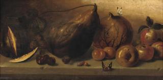 Monogrammist C.Dh. - A sliced melon, a pear, a pumpkin, walnuts, apples and abricots, all on a stone ledge with butterflies