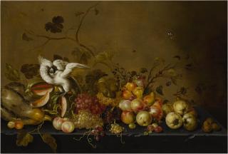 Monogrammist C.Dh - Still life with fruits on a ledge and a white cockatoo