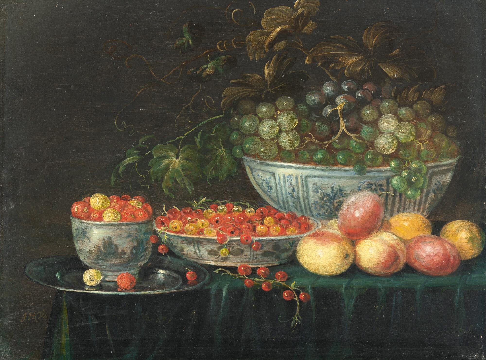 Monogrammist J.H.V. - Stillleben mit Erbeeren, Johannisbeeren, Pfirsichen und Trauben in einer Wanli-Schale