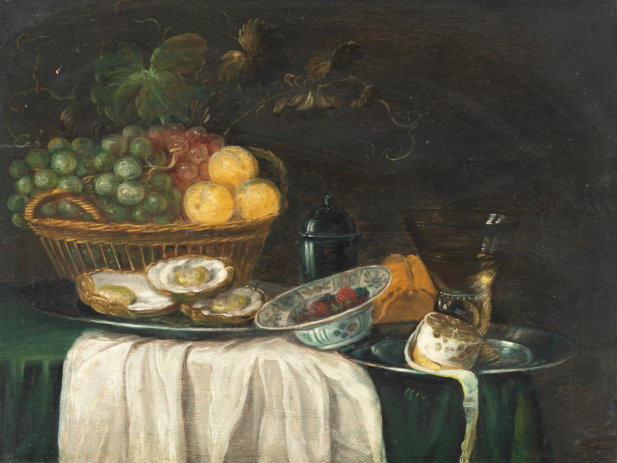 Monogrammist J.H.V. - Stillleben mit Trauben, Beeren, Austern, Zitrone und Weinglas