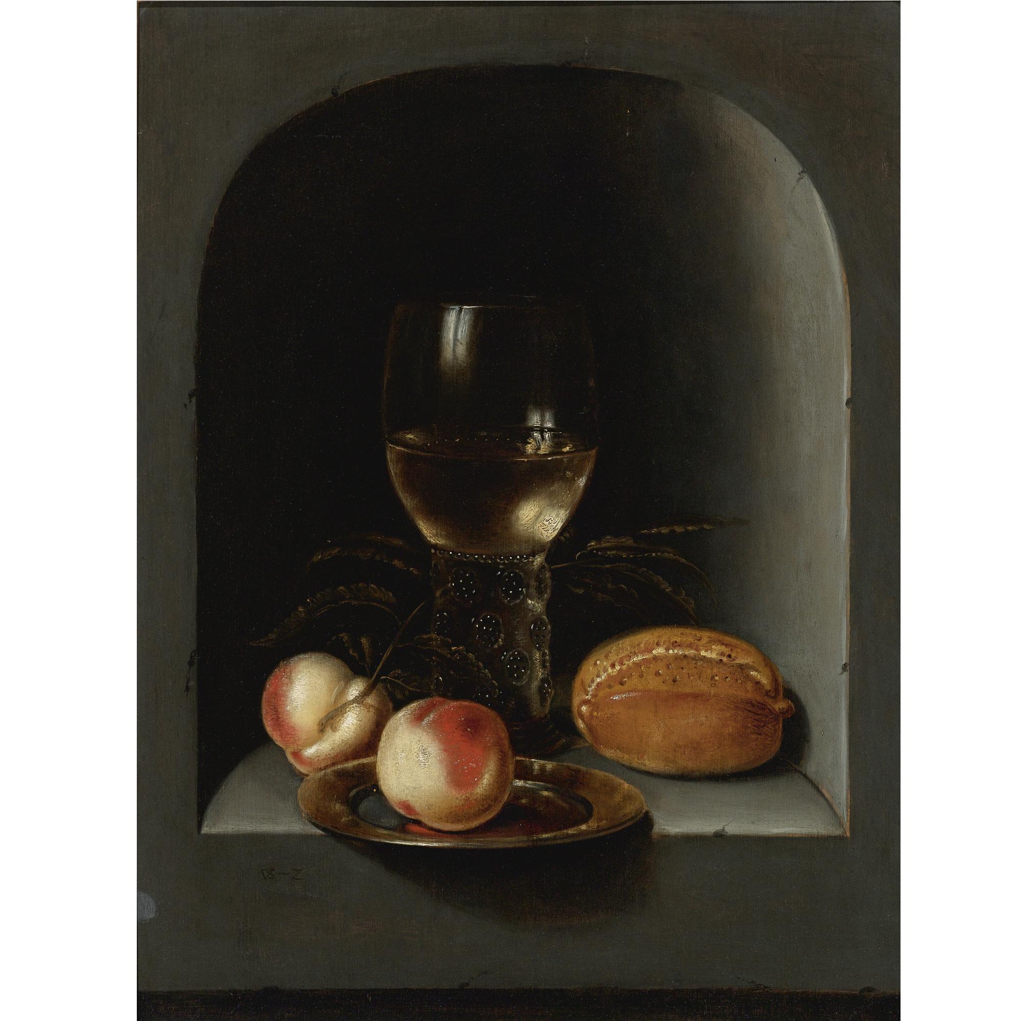 Monogrammist VS.Z - Still Life With Two Peaches And A Roemer In A Stone Niche