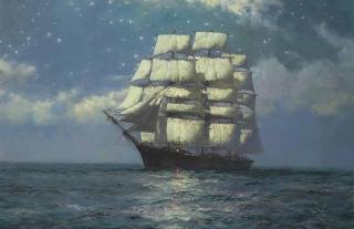 Montague Dawson F.R.S.A., R.S.M.A. - A Clipper Ship in a Moonlit Sea