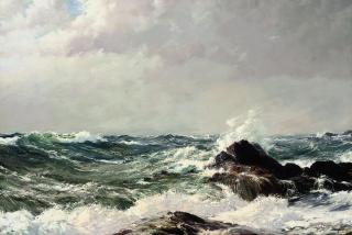 Montague Dawson, F.R.S.A., R.S.M.A. - Atlantic rollers crashing on the rocks in the evening light