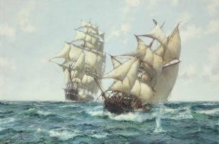 Montague Dawson, F.R.S.A., R.S.M.A. - Heave To - A Baltimore Clipper in Action with a Coasting Slaver