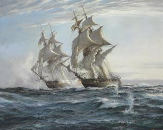 Montague Dawson, F.R.S.A., R.S.M.A. - The American brig Argus engaging His Majesty\'s sloop Pelican in British waters, 14th August 1813