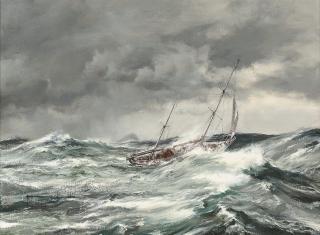 Montague Dawson, R.S.M.A., F.R.S.A. - Gipsy Moth (IV) in heavy weather off Cape Horn, running under a storm trysail