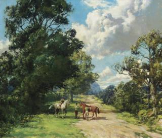 Montague Dawson - Morning Ride: Nyria on Silvertop from Wootton Stables Looking toward the Rising Sun