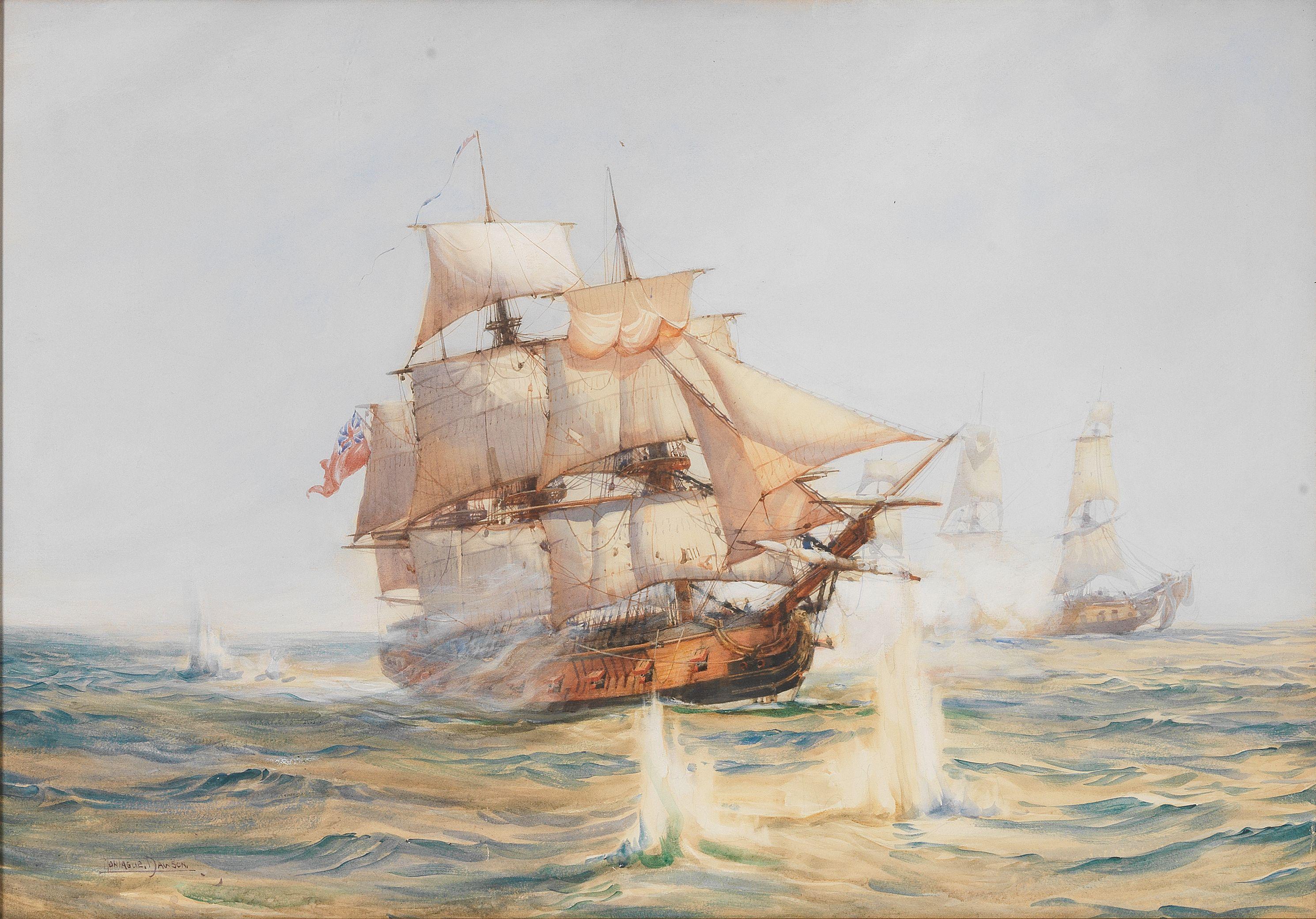 Montague Dawson - The Bristol Privateer Hornet engaging the rich Spanish ship Purissima Conception outward bound from Cadiz, March 1782