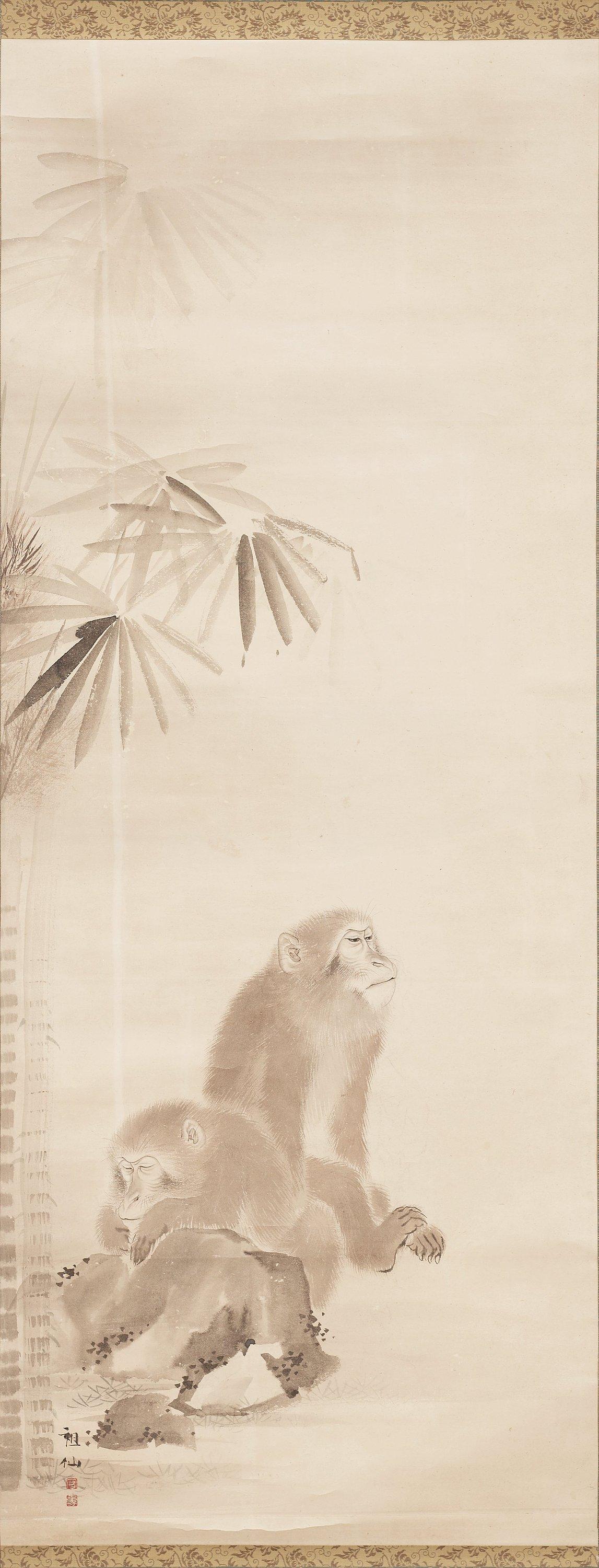 Mori Sosen - A kakemono with two monkeys besides bambo, signed Sosen and with two seals.