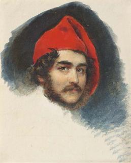 Moritz Michael Daffinger - A Self-Portrait of The Artist, Red Cap In His Curling Brown Hair, Beard And Moustache