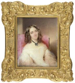 Moritz Michael Daffinger - A young lady, seated in a pink upholstered chair, facing left in white dress with pleated bodice and gauze sleeves, moonstone pendant on a black ribbon around her neck, her brown hair dressed in ringlets
