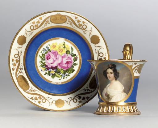 Moritz Michael Daffinger - Countess Uhlfeld, in off-the-shoulder white dress, pink rose at corsage, a pink rose in her dressed dark hair; sky and cloud background