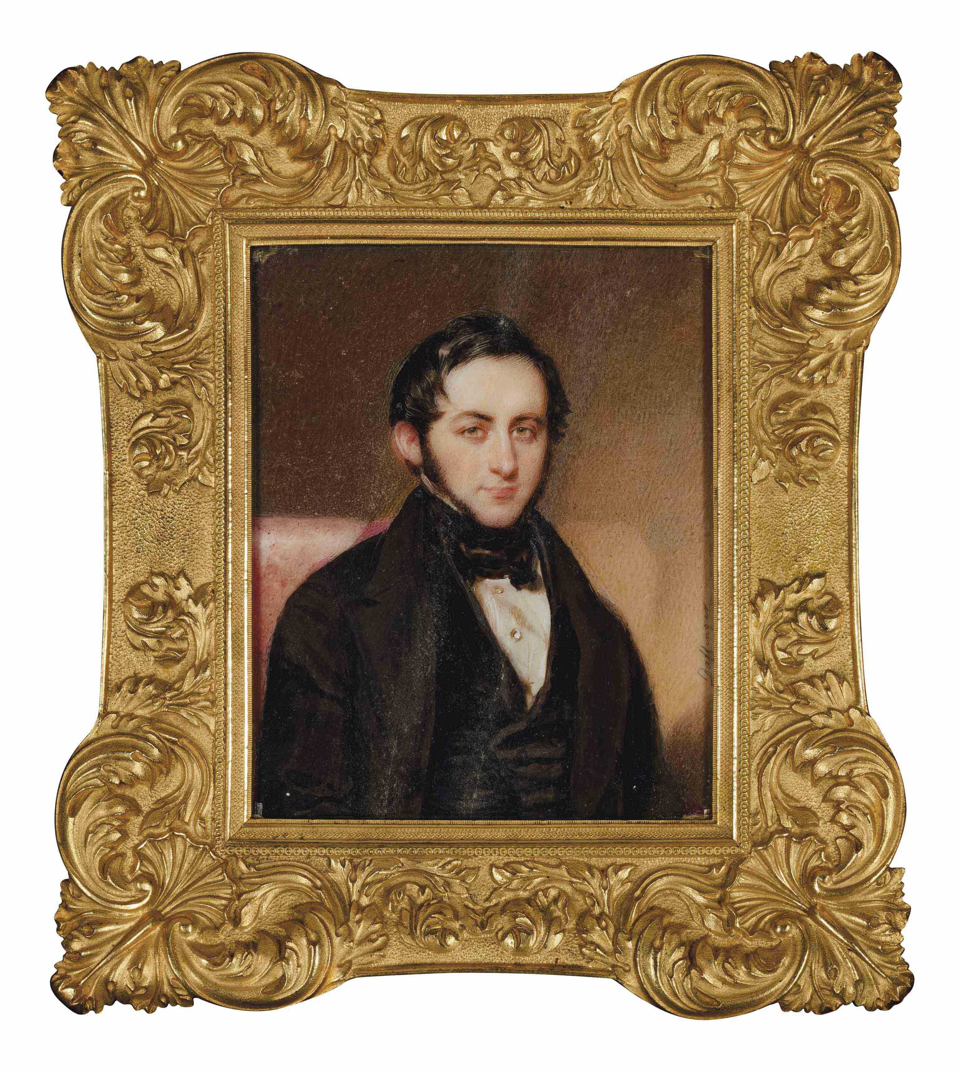 Moritz Michael Daffinger - Portrait d\'homme en costume noir et chemise blanche, dans un cadre en bronze doré et ciselé