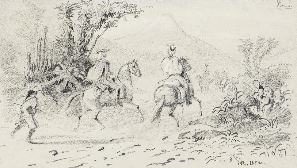 Moritz Rugendas - A Peruvian landscape: two men on horseback following a dusty track, a volcano in the background
