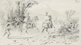 Moritz Rugendas - A Peruvian landscape: two men on horseback following a dusty track, a volcano in the background