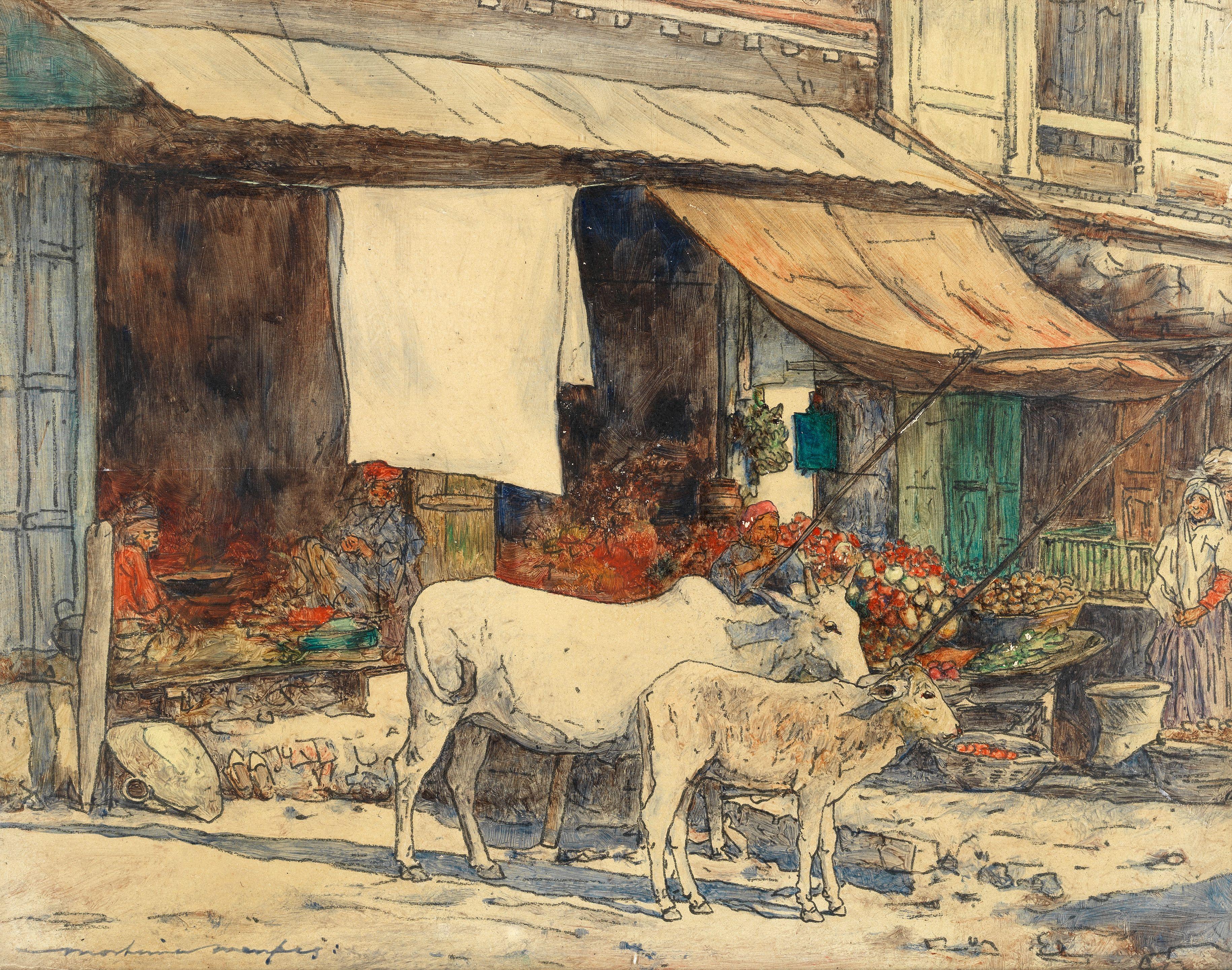 Mortimer Luddington Menpes RI, RBA, RE - The Corner Of A Fruit Market, India
