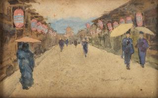 Mortimer Luddington Menpes RI, RBA, RE - The street of pink lanterns