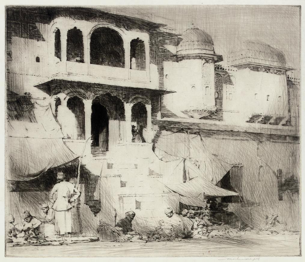 Mortimer Luddington Menpes - Scenes in India: Stall holders; A Meat Shop in Peshawur; A Minstrels\' Balcony; and A busy street scene