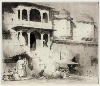 Mortimer Luddington Menpes - Scenes in India: Stall holders; A Meat Shop in Peshawur; A Minstrels\' Balcony; and A busy street scene