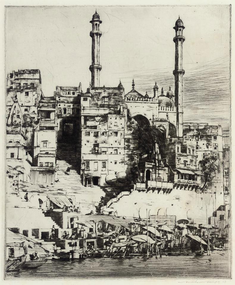 Mortimer Luddington Menpes - Scenes in India: The ghats at Benares; On the river steps at Agra; Figures on a covered marble terrace over looking a river; and Figures on a balcony