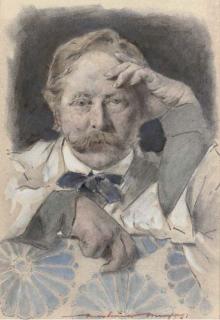 Mortimer Luddington Menpes - Self portrait of the artist, bust-length, leaning on a sofa