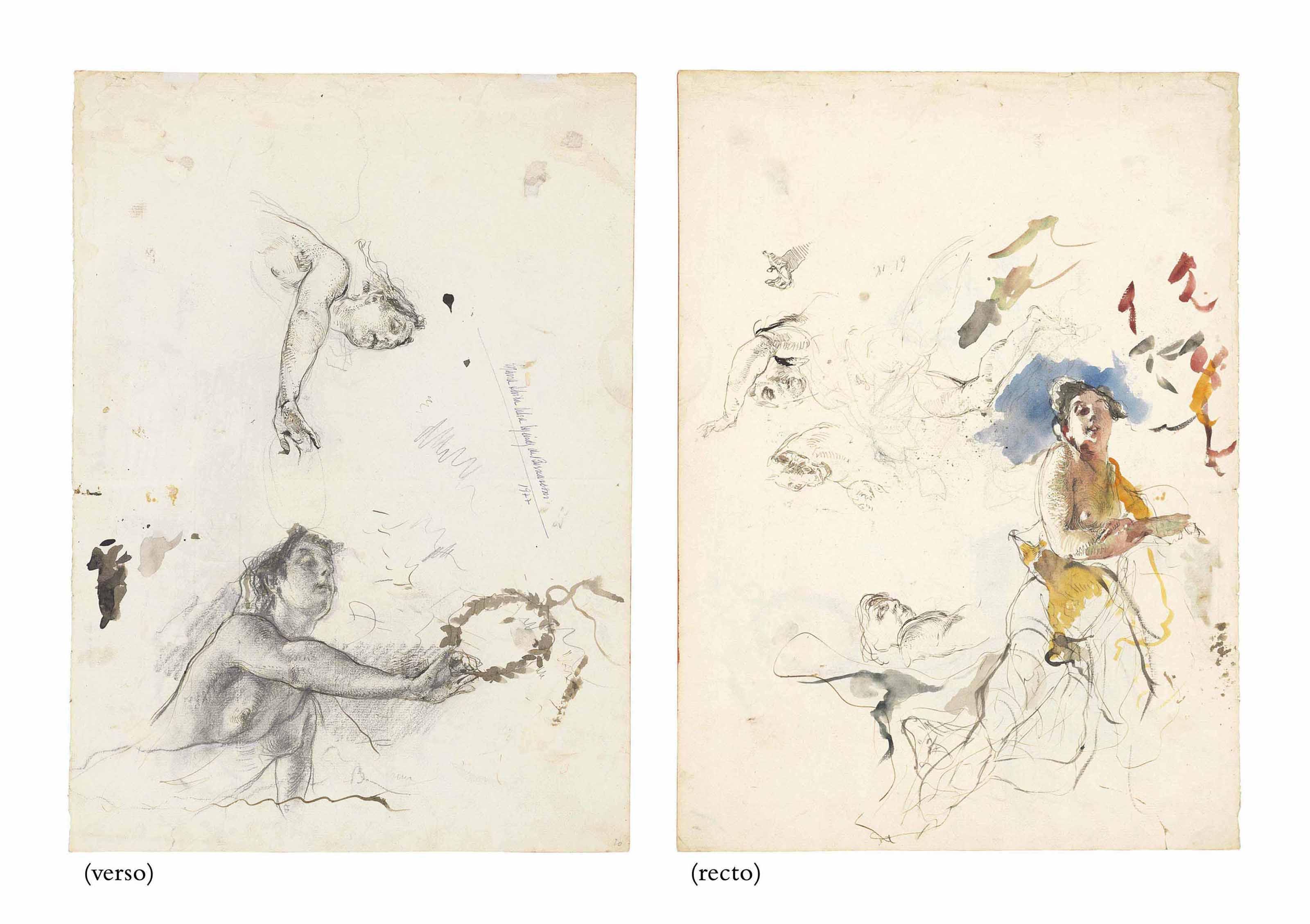 Mosè Bianchi - Études de femmes drapées et de la tête d\'un cheval (recto) ; Deux études d\'une femme tenant une couronne de laurier (verso)