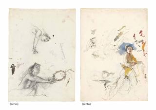 Mosè Bianchi - Études de femmes drapées et de la tête d\'un cheval (recto) ; Deux études d\'une femme tenant une couronne de laurier (verso)