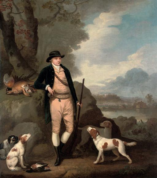 Moses Haughton, Sen. - Portrait of George Farmer of Witton Manor, Staffordshire, full-length, with his dogs, in a landscape