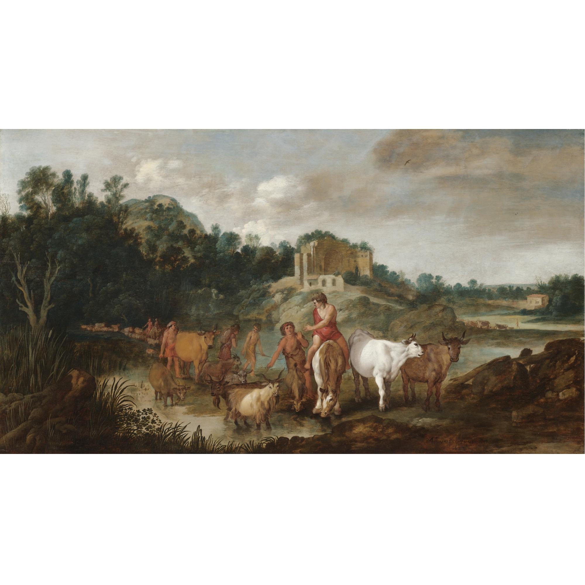 Moses Matheusz. van Uyttenbroeck - A Landscape With Drovers And Their Animals Fording A River