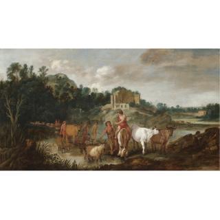 Moses Matheusz. van Uyttenbroeck - A Landscape With Drovers And Their Animals Fording A River