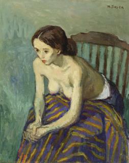 Moses Soyer - Girl on Chair with Striped Blanket