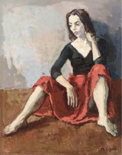 Moses Soyer - Seated Girl in Red Skirt