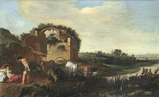 Moses Van Uyttenbroeck - An Italianate landscape with shepherds resting with their cattle near a ruin