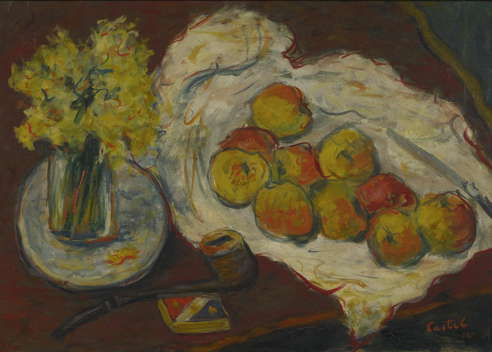 Moshe Castel - Still Life With Apples, Flowers And Pipe
