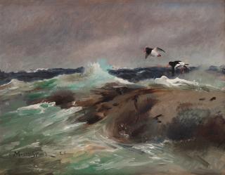 Mosse Stoopendaal - Oystercatchers in flight over stormy sea