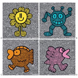 Mr Doodle - Yellow Flower; Blue Robot; Orange Fish; Pink Bird  (Set Of Four Pieces) (Executed In 2019)