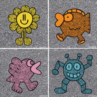 Mr Doodle - Yellow Flower, Orange Fish, Pink Bird, & Blue Robot (4 Works)