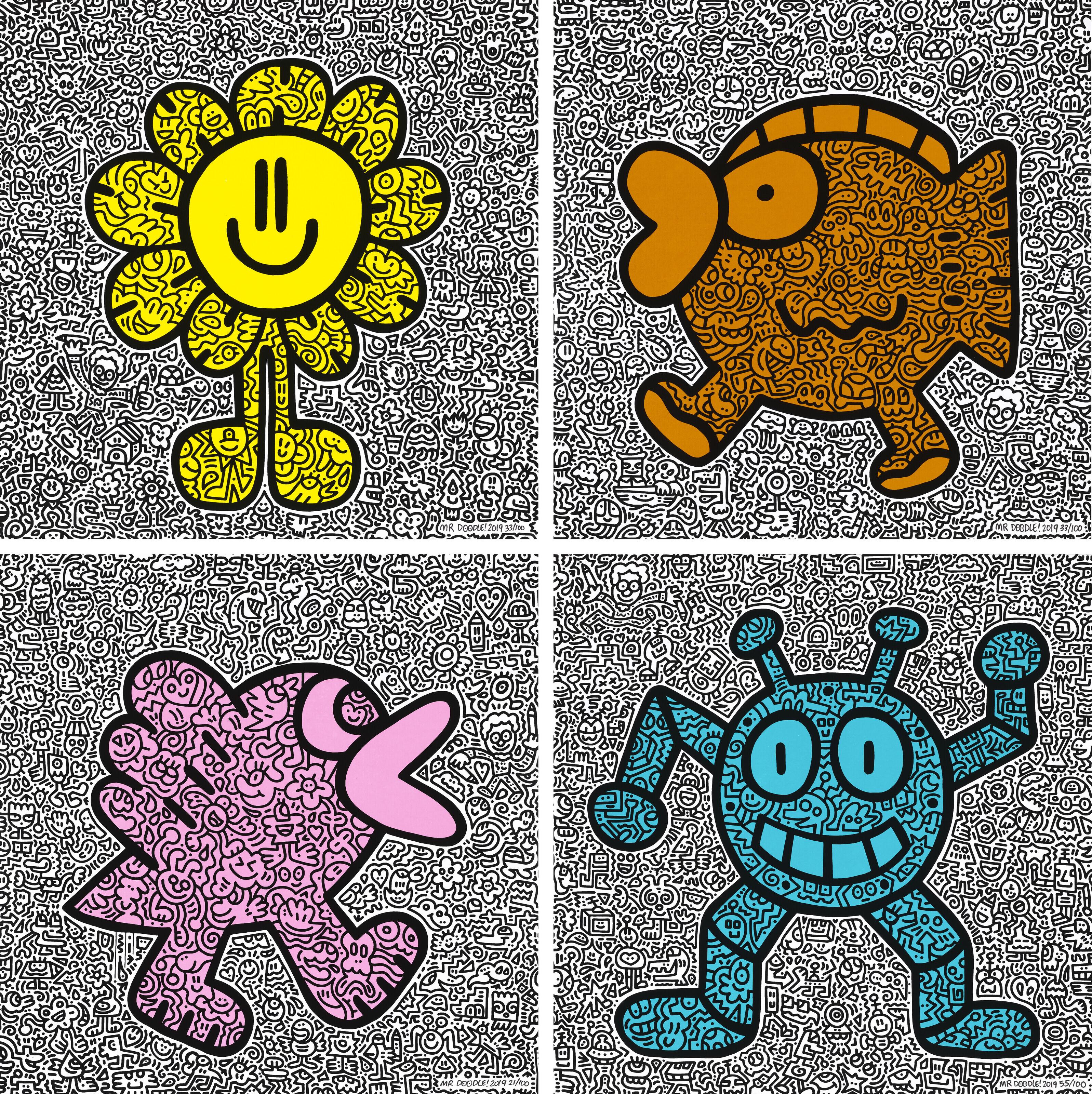 Mr Doodle - Yellow Flower, Orange Fish, Pink Bird, & Blue Robot