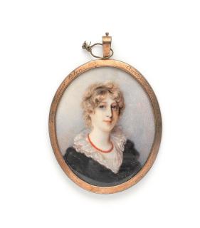 Mrs. Anne Mee - A portrait miniature of the Honourable Eleanor Eden, Countess of Buckinghamshire, wearing a black dress over her frilled white chemise, her hair upswept over a coral bead necklace