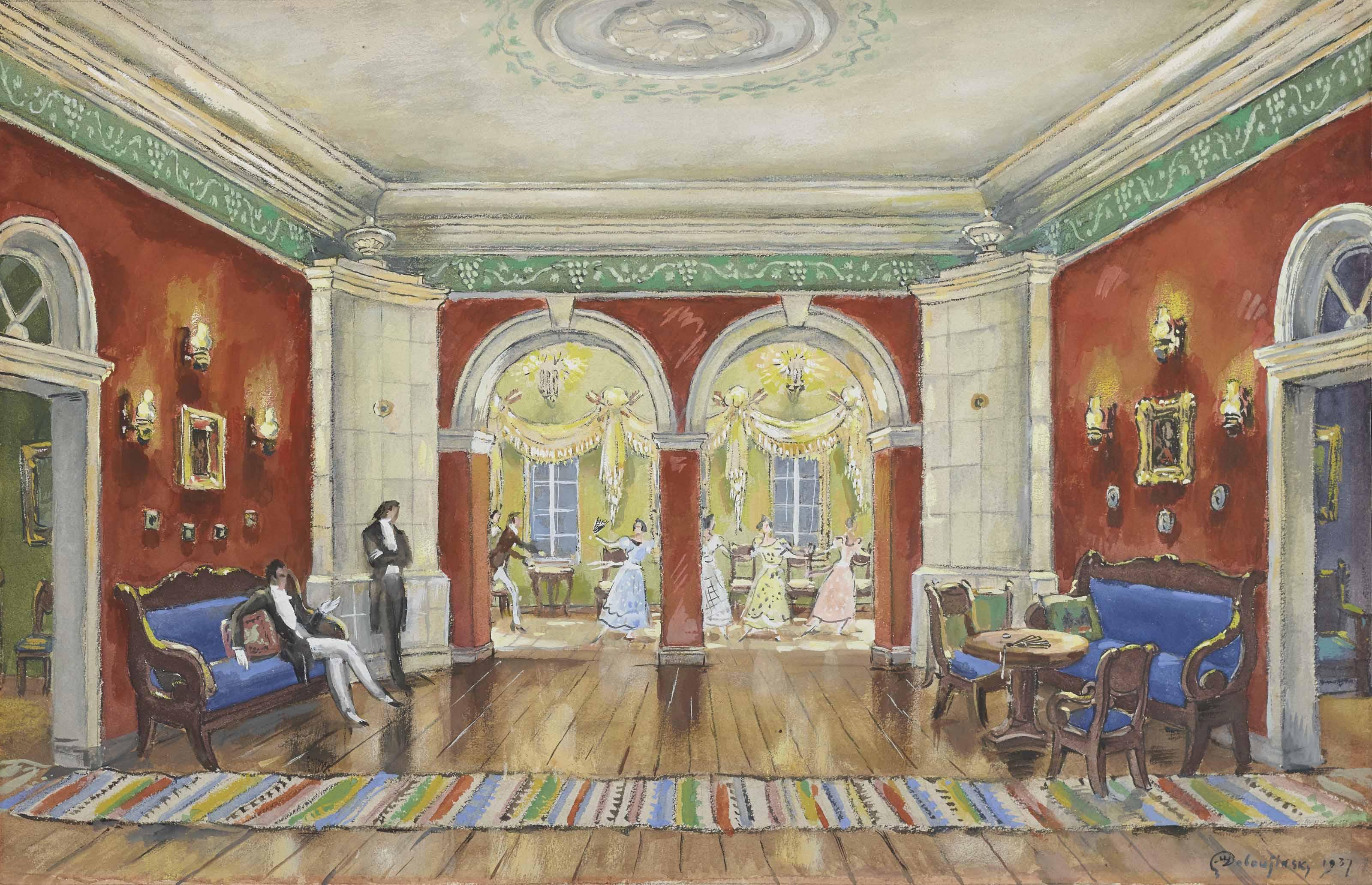 Mstislav Dobuzhinsky - Stage design for \'Eugene Onegin\': Ball at the Larins