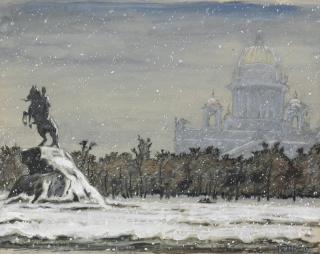 Mstislav Dobuzhinsky - Winter view of The Bronze Horseman with St Isaac\'s Cathedral beyond