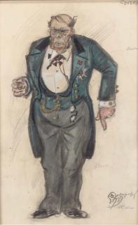 Mstislav Valerianovich Dobuzhinskii - Three costume designs for the play \'The Inspector General,\' depicting Dobchinski and Bobchinskii and the two versions of the Inspector General