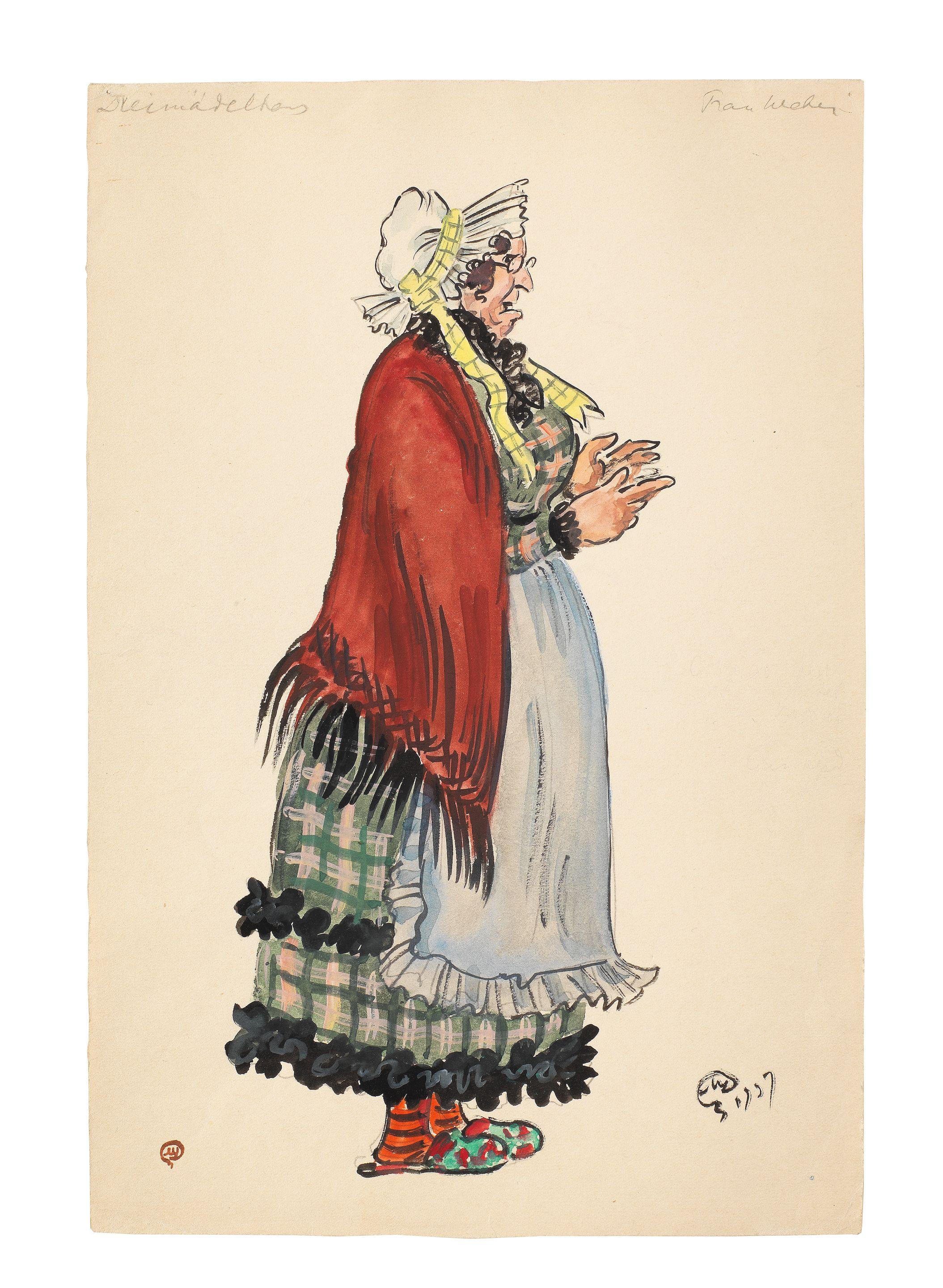 Mstislav Valerianovich Dobuzhinsky - Costume design for the Painter\'s Wife (Frau Maler) for the opera Das Dreimäderlhaus, 1937