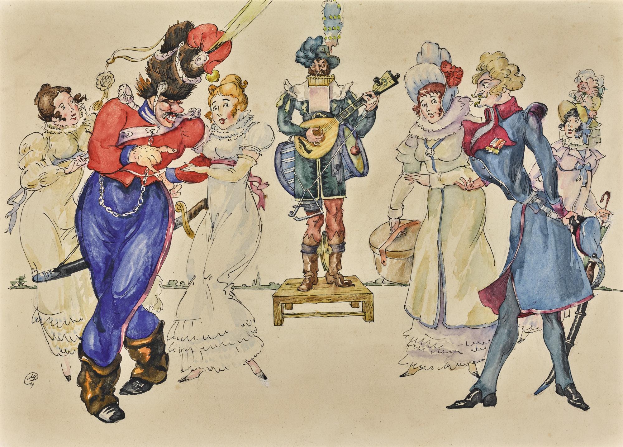 Mstislav Valerianovich Dobuzhinsky - Costume Designs For Seven Characters From Les Cosaques De Platov À Paris