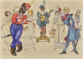 Mstislav Valerianovich Dobuzhinsky - Costume Designs For Seven Characters From Les Cosaques De Platov À Paris